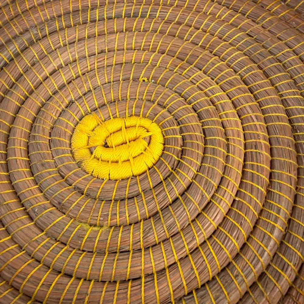 Pine Needle Woven Basket Yellow‎ Brown Cottagecore Round Basket 2 Handles 11